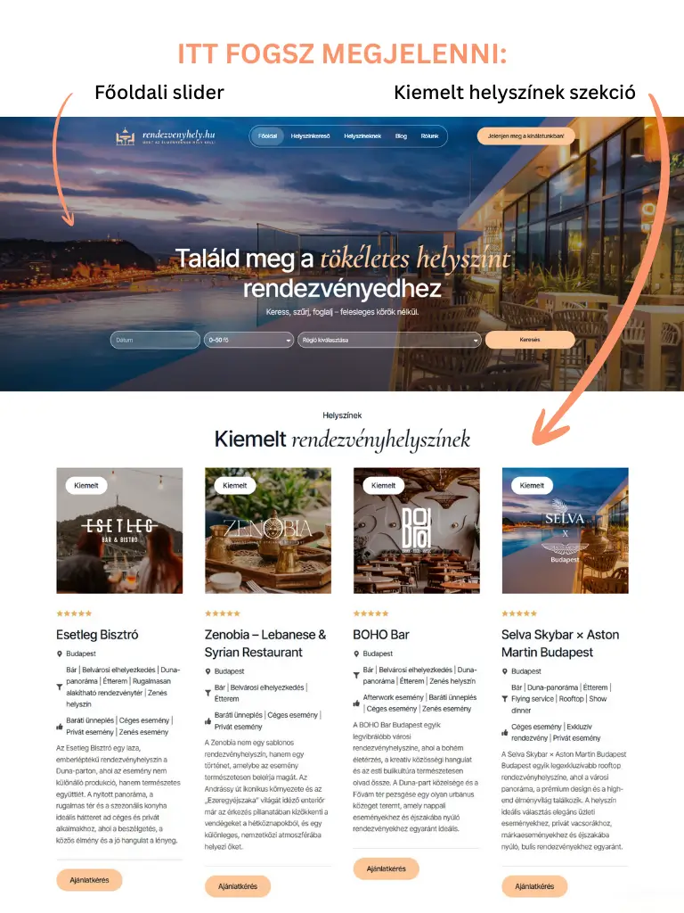 Főoldali Kiemelés - Maximális Láthatóság Rendezvényhelyszíneknek